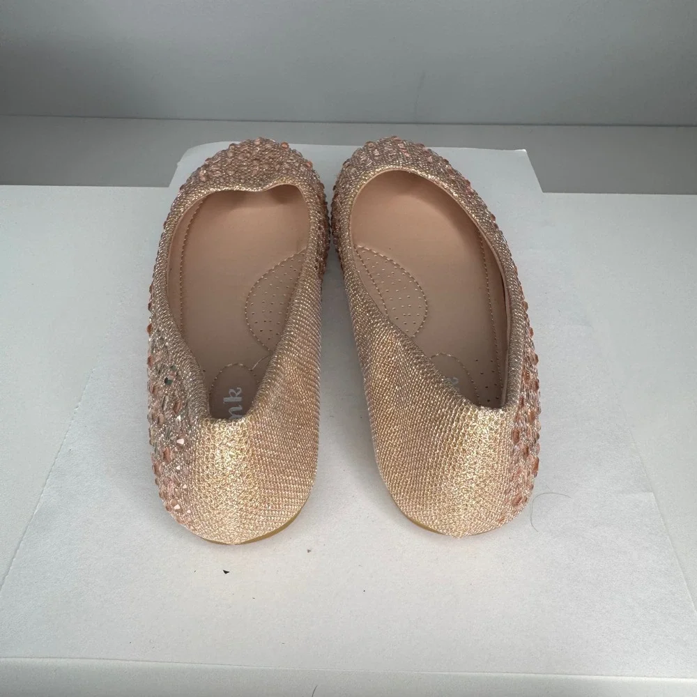 Link Ballet Flats Kids Size 3 Rose Gold Glitter Rhinestone‎ Dress Shoes 2581
